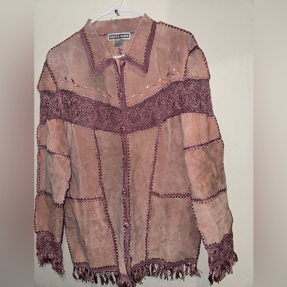 Vintage Dress Barn Leather with Crochet Fringe Jacket /Top